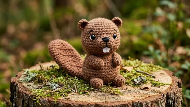 Cute brown crochet amigurumi beaver with paddle tail