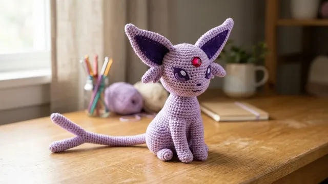 Amigurumi Espeon plush in lilac purple yarn with ruby gem