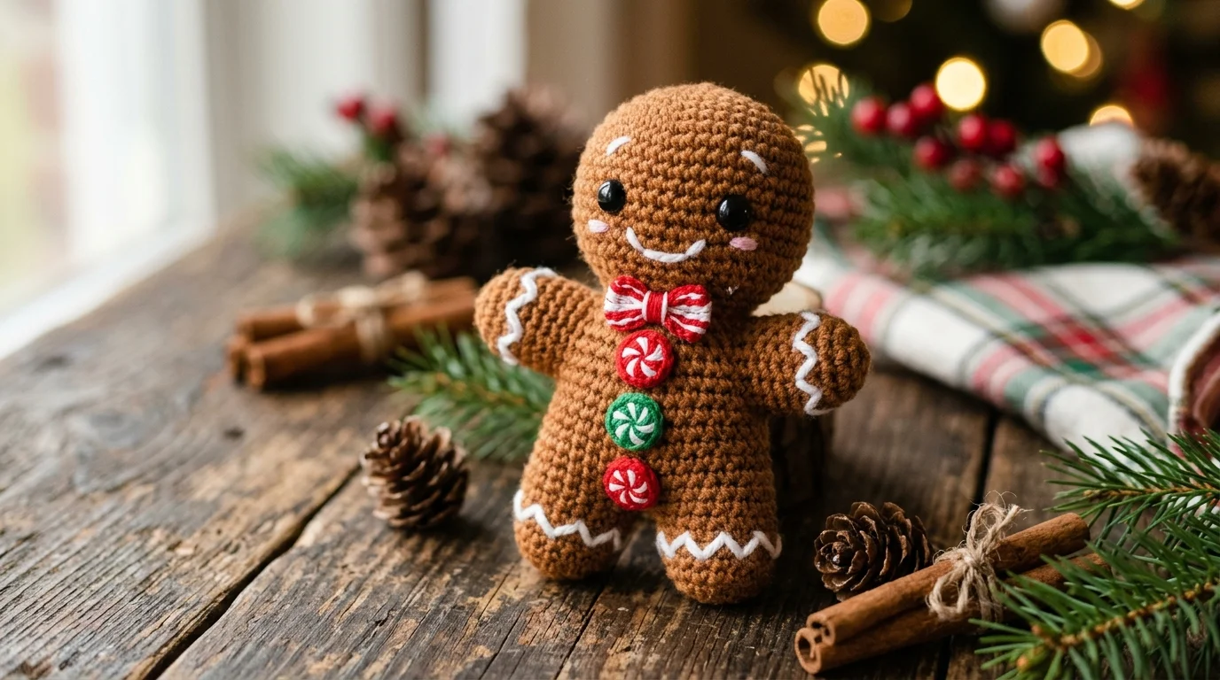 Handcrafted crochet amigurumi gingerbread man plush toy with white embroidered icing and candy buttons