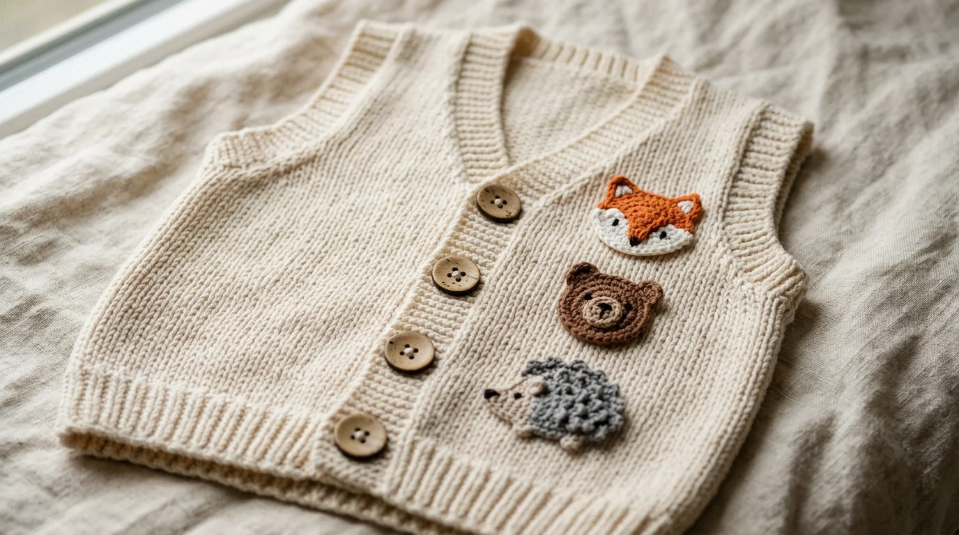 Handcrafted cream crochet baby vest with cute animal appliqués and wooden buttons