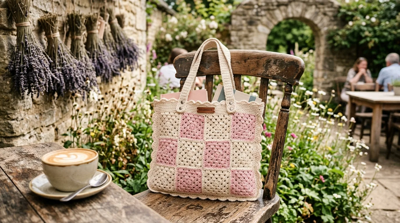 Handcrafted crochet Battenberg tote bag in pastel pink and cream squares on rustic cafe chair