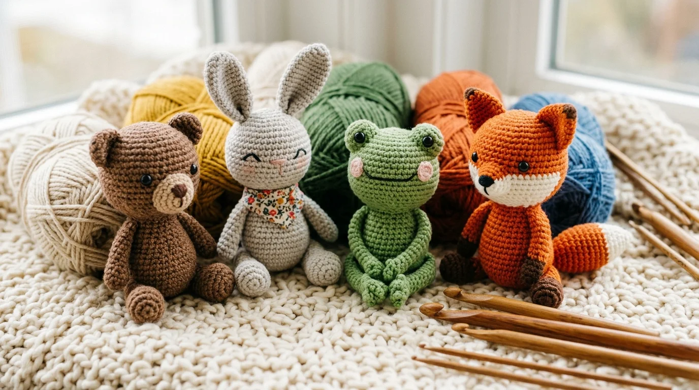 Curated collection of handcrafted amigurumi plush animals including bear, bunny, frog, and fox