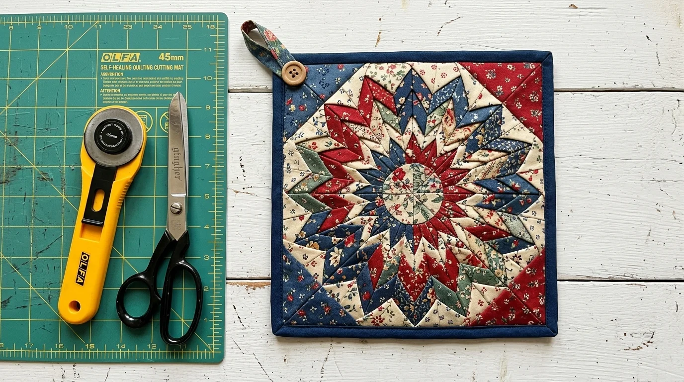 Flat lay of a finished handmade folded star quilt block hot pad with rotary cutter and scissors