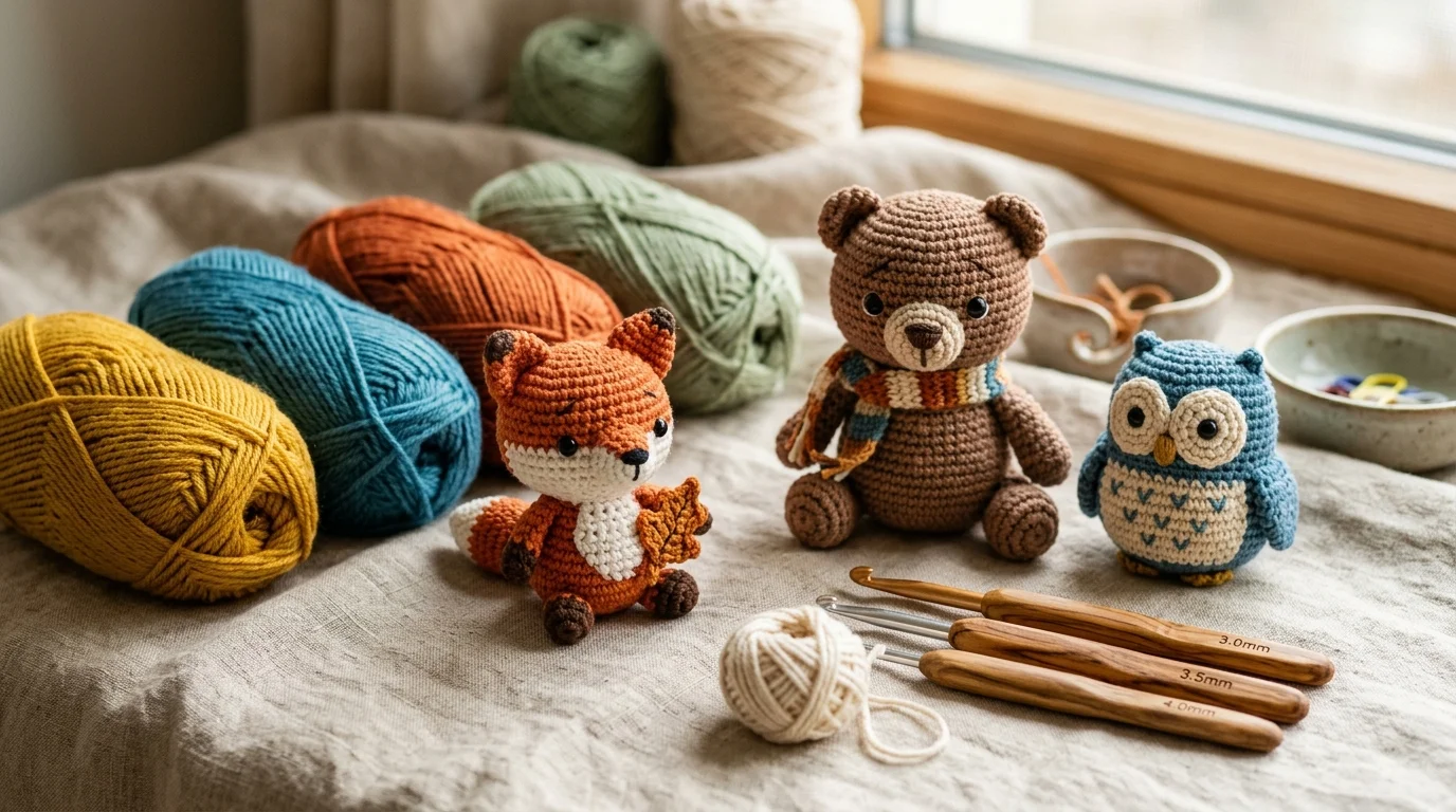 Handcrafted crochet amigurumi animals with colorful yarn skeins and wooden hooks