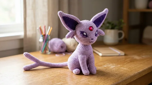 Handcrafted crochet amigurumi Espeon plush in lilac purple yarn